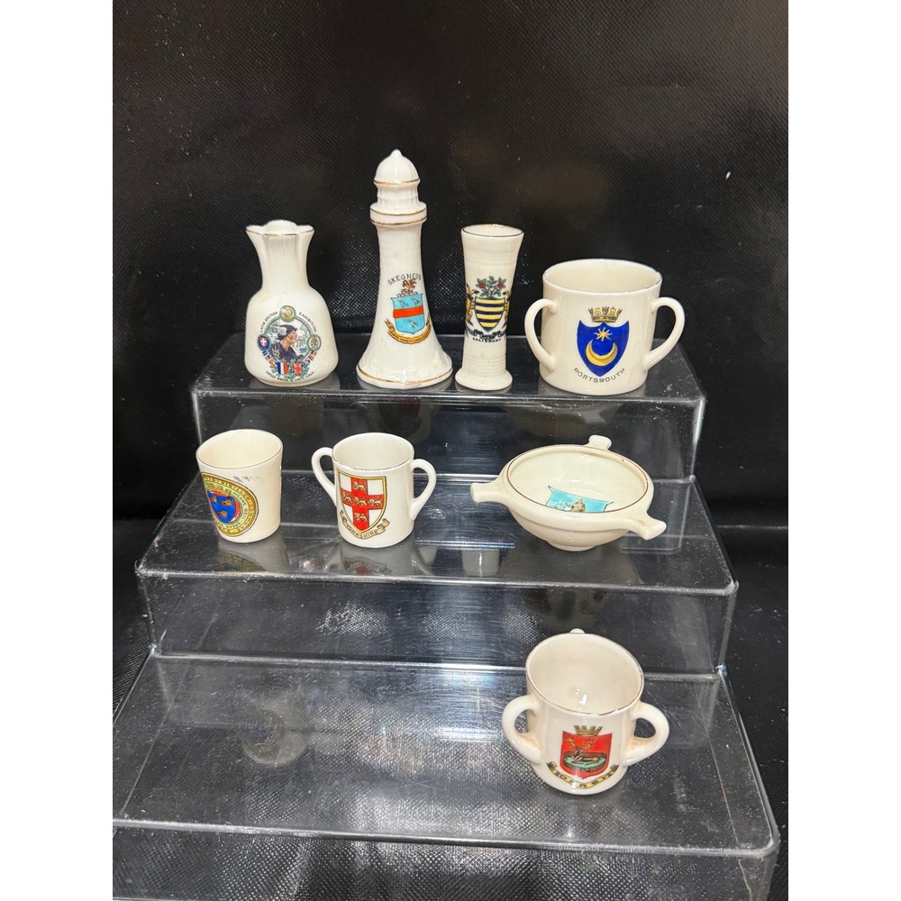 8pc Vintage Miniature British Heraldic Crestware Porcelain Souvenir Collection